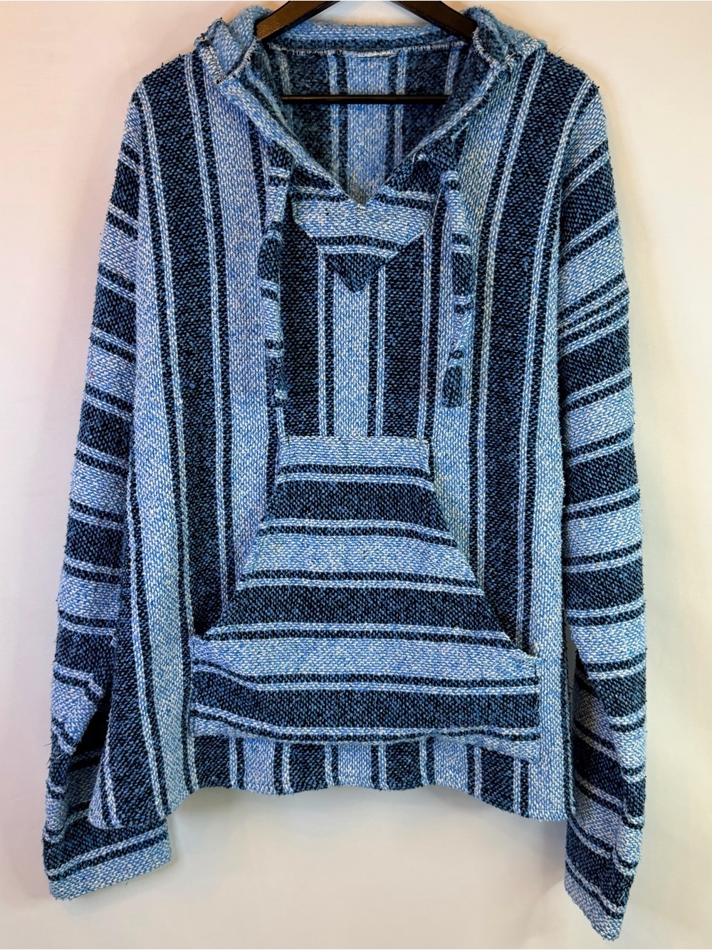Unbranded Blanket Hoodie Size XL Baja V-Neck Stripes Blue White Black Hippie